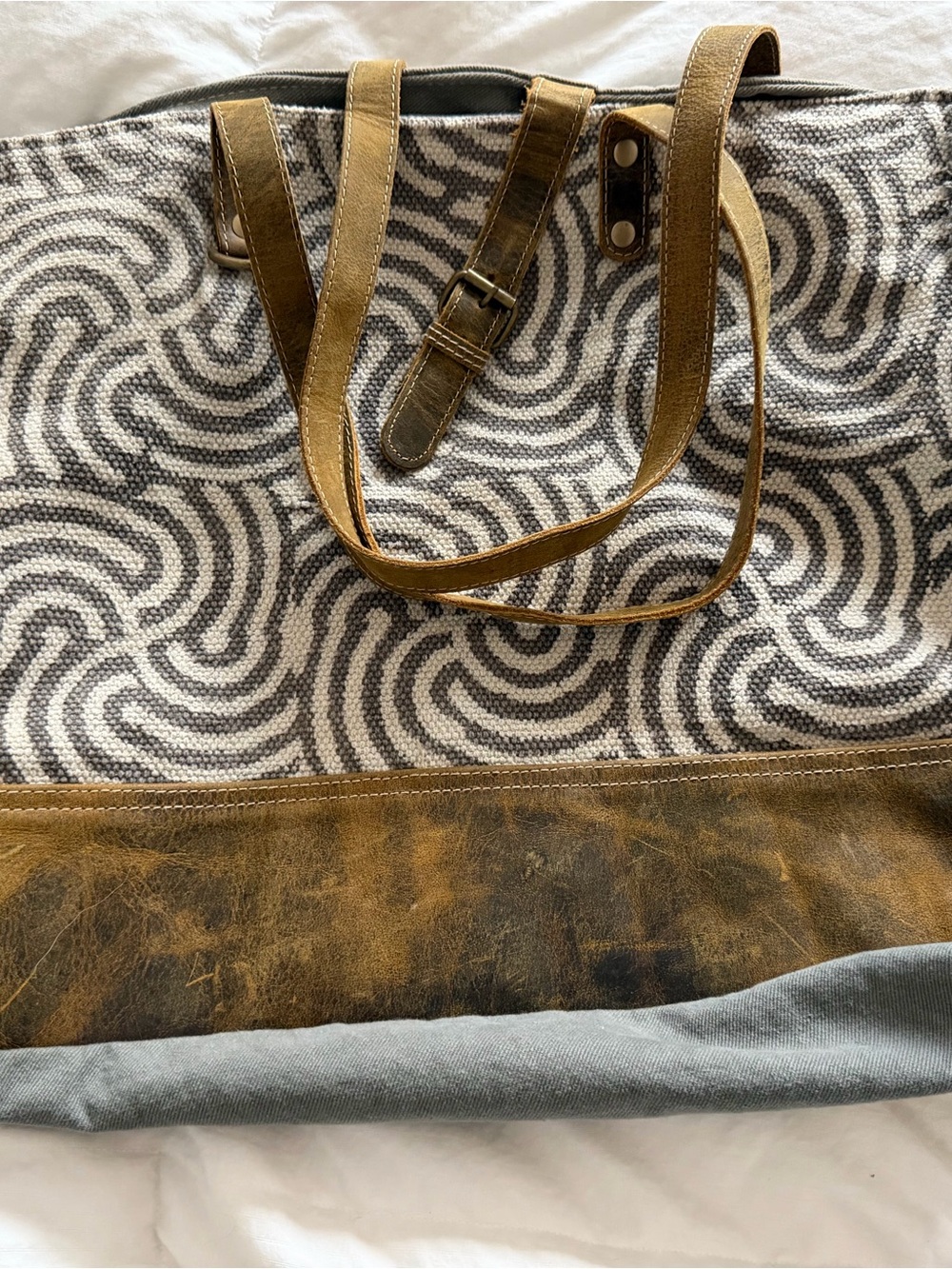 Myra Bag Oversized Gray Swirl Canvas Leather Weekender Tote